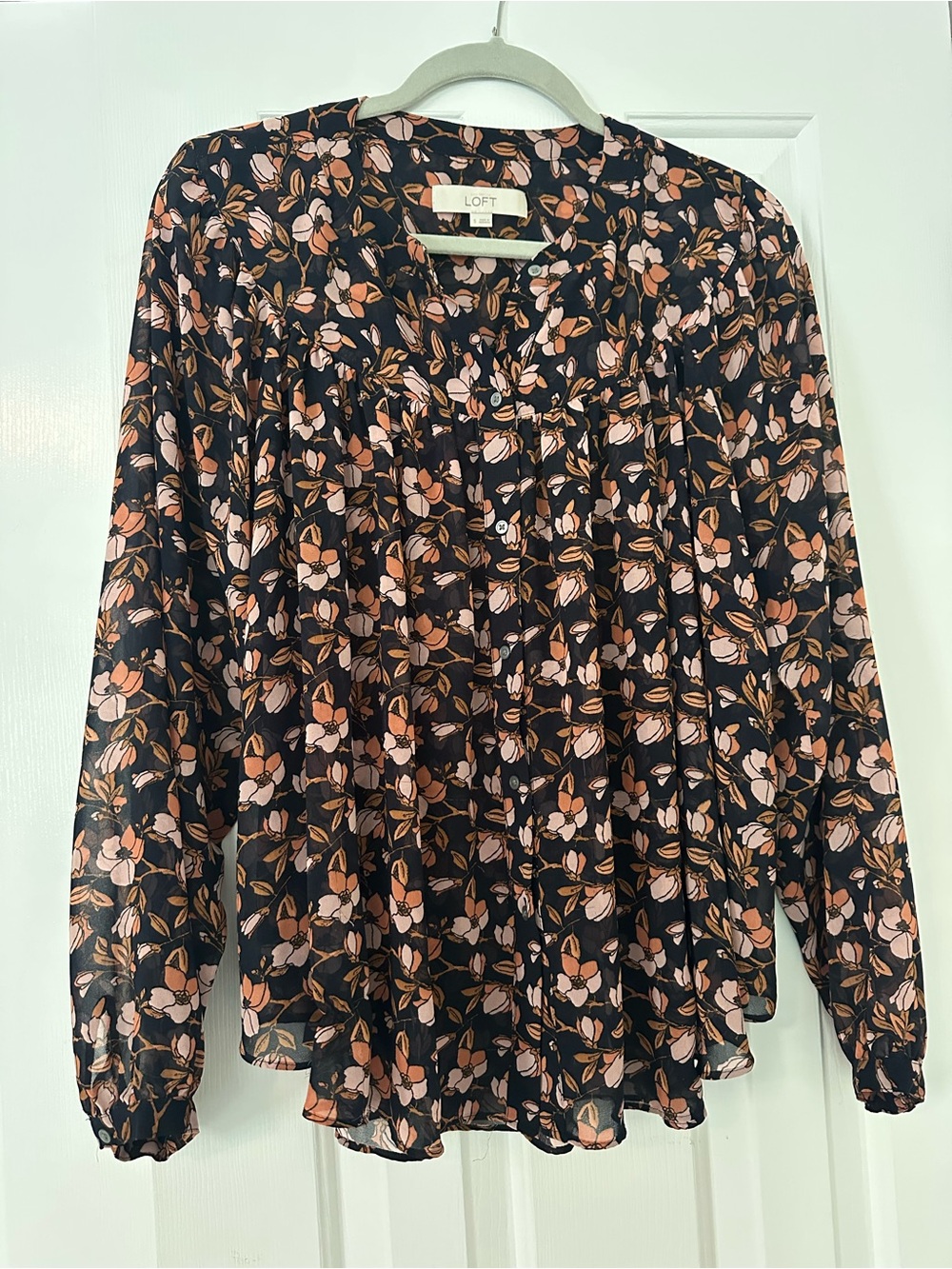 LOFT Black Floral Long-Sleeve Peasant Blouse